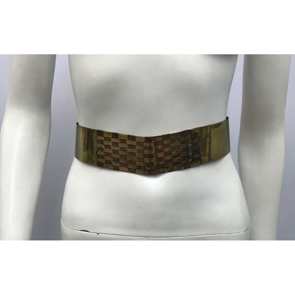 VINTAGE HIPPIE METAL BELT 2 TONE BRASS COPPER BASKET WEAVE LEATHER‎ TIES SIZE XS - Picture 1 of 4